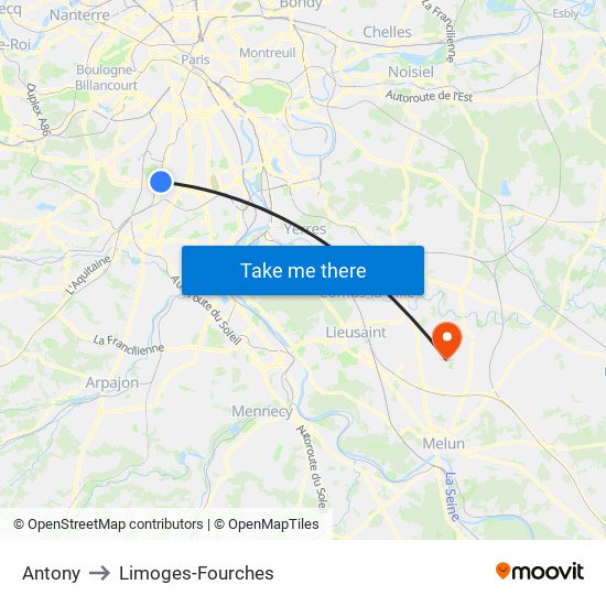 Antony to Limoges-Fourches map