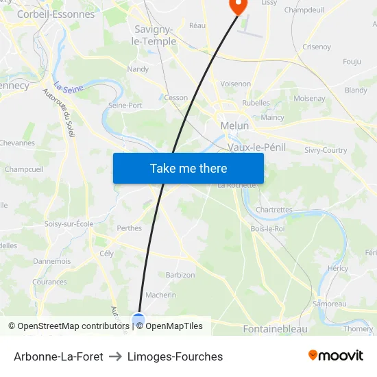 Arbonne-La-Foret to Limoges-Fourches map