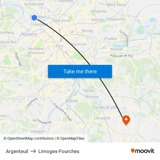 Argenteuil to Limoges-Fourches map