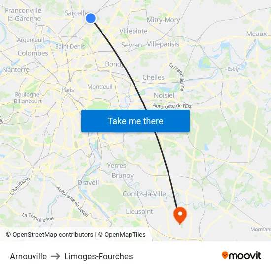 Arnouville to Limoges-Fourches map