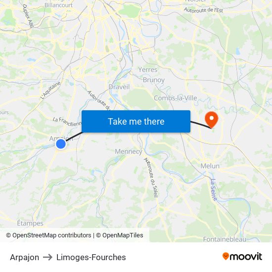 Arpajon to Limoges-Fourches map
