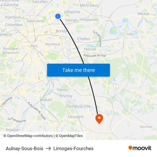 Aulnay-Sous-Bois to Limoges-Fourches map