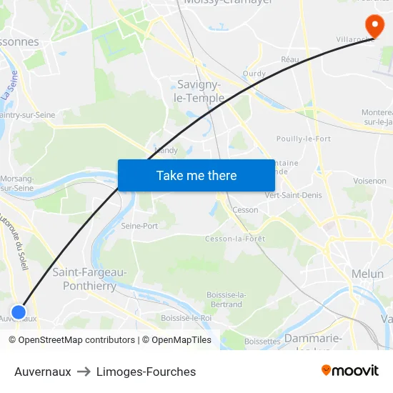 Auvernaux to Limoges-Fourches map