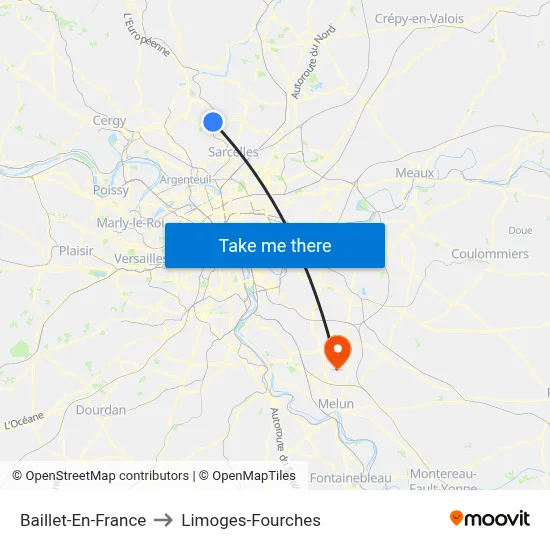 Baillet-En-France to Limoges-Fourches map