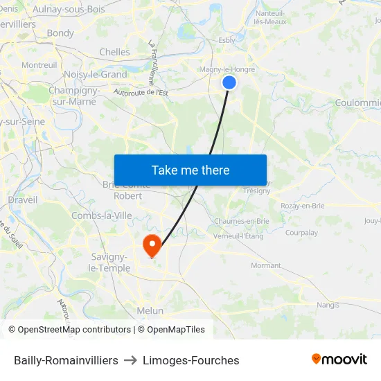 Bailly-Romainvilliers to Limoges-Fourches map
