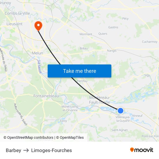 Barbey to Limoges-Fourches map