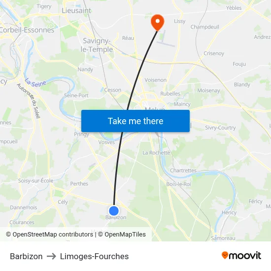 Barbizon to Limoges-Fourches map