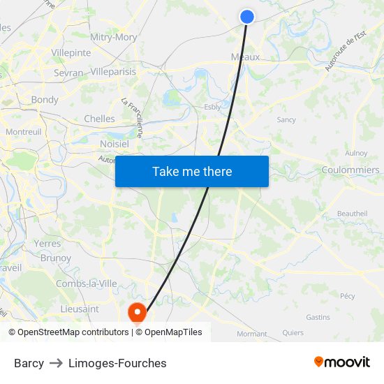 Barcy to Limoges-Fourches map