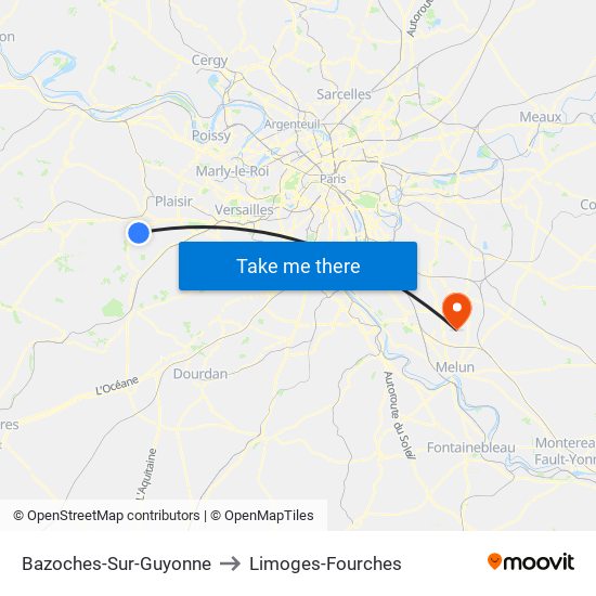 Bazoches-Sur-Guyonne to Limoges-Fourches map