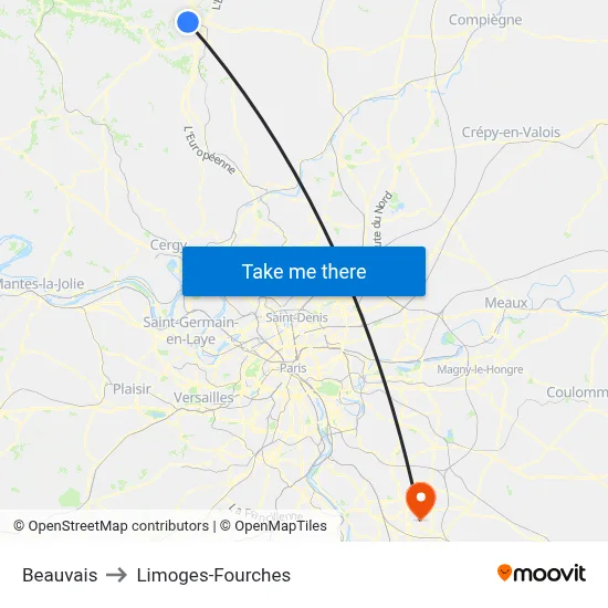 Beauvais to Limoges-Fourches map