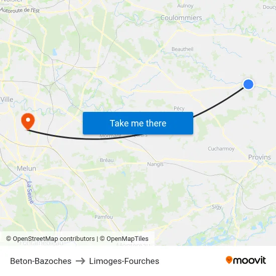 Beton-Bazoches to Limoges-Fourches map
