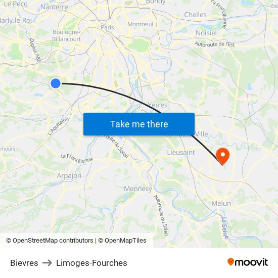 Bievres to Limoges-Fourches map