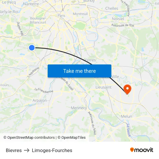 Bievres to Limoges-Fourches map