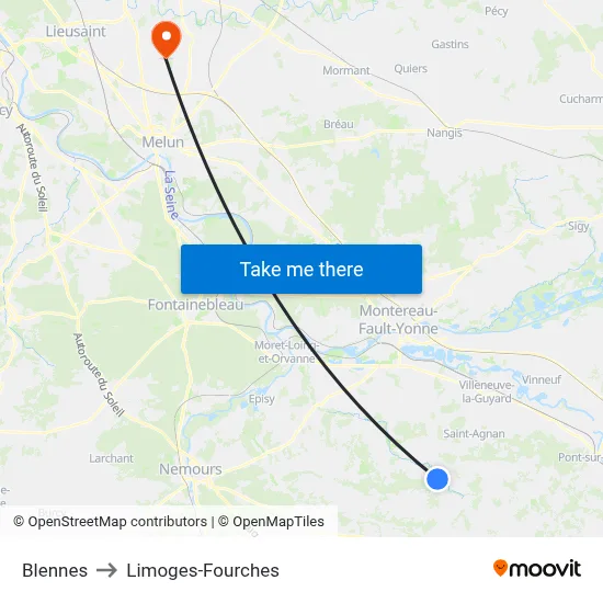 Blennes to Limoges-Fourches map