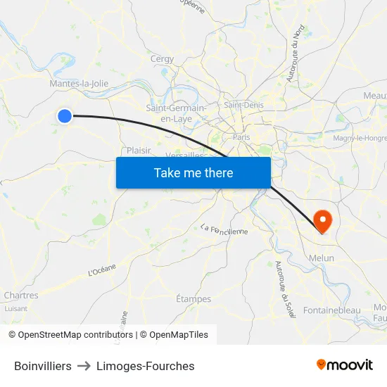 Boinvilliers to Limoges-Fourches map