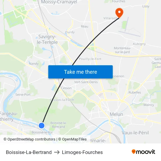 Boissise-La-Bertrand to Limoges-Fourches map