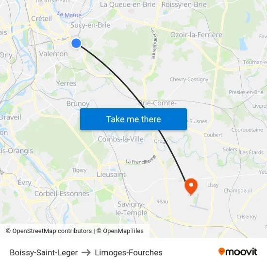 Boissy-Saint-Leger to Limoges-Fourches map