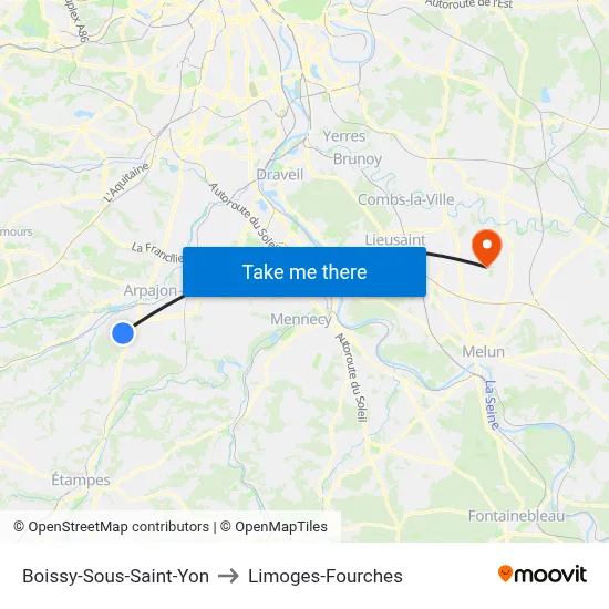 Boissy-Sous-Saint-Yon to Limoges-Fourches map