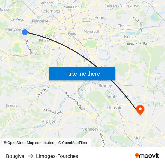 Bougival to Limoges-Fourches map