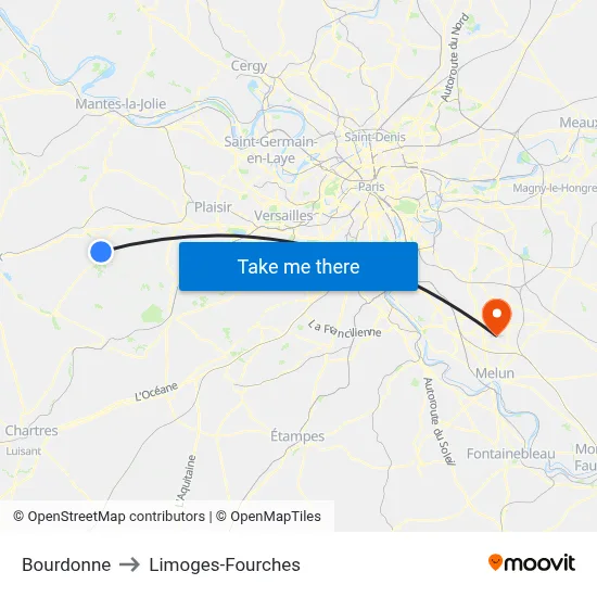Bourdonne to Limoges-Fourches map
