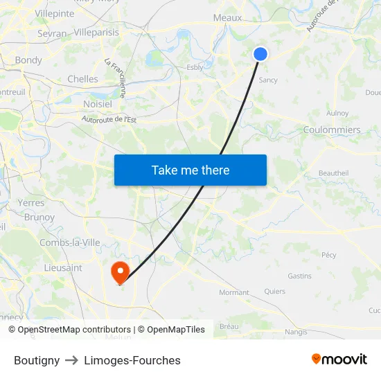 Boutigny to Limoges-Fourches map