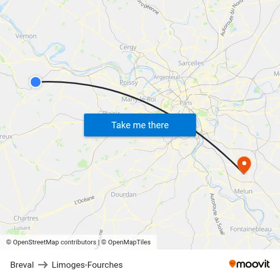 Breval to Limoges-Fourches map