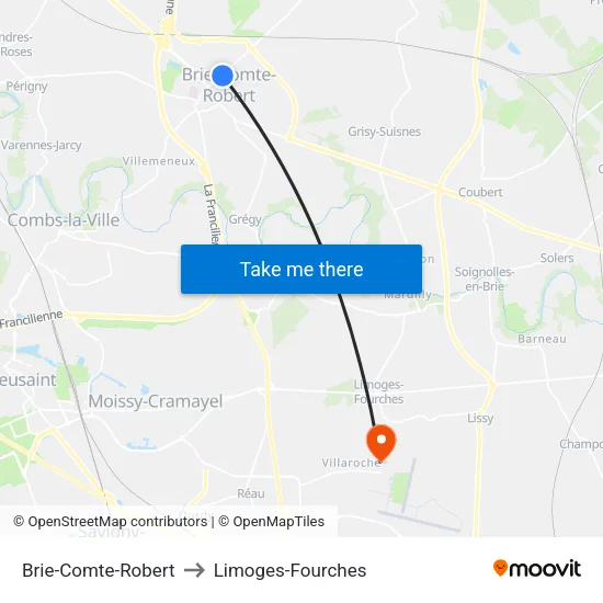 Brie-Comte-Robert to Limoges-Fourches map