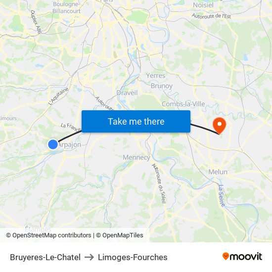 Bruyeres-Le-Chatel to Limoges-Fourches map