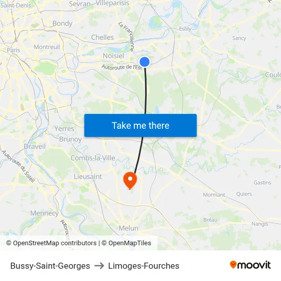 Bussy-Saint-Georges to Limoges-Fourches map