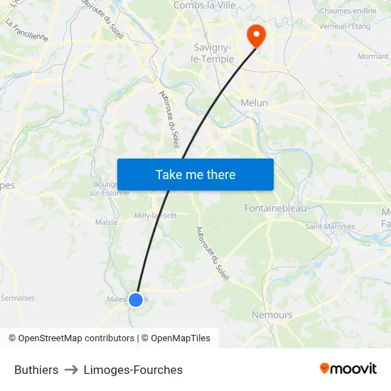 Buthiers to Limoges-Fourches map