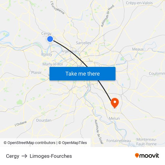 Cergy to Limoges-Fourches map