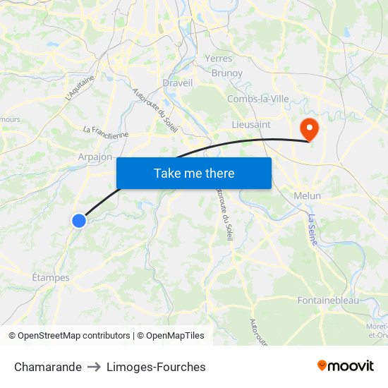 Chamarande to Limoges-Fourches map