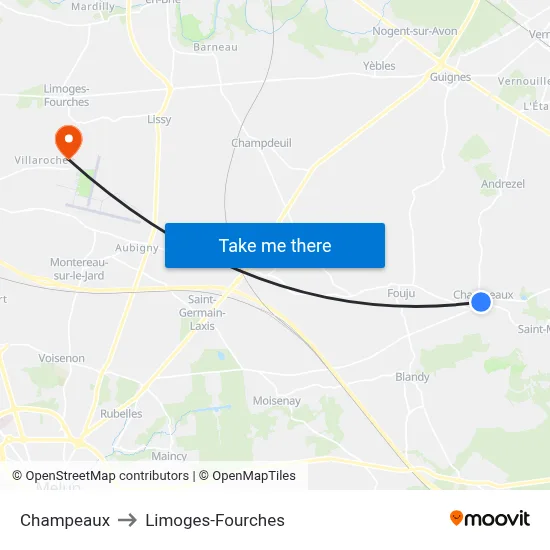 Champeaux to Limoges-Fourches map