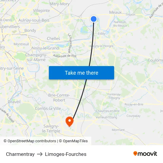 Charmentray to Limoges-Fourches map