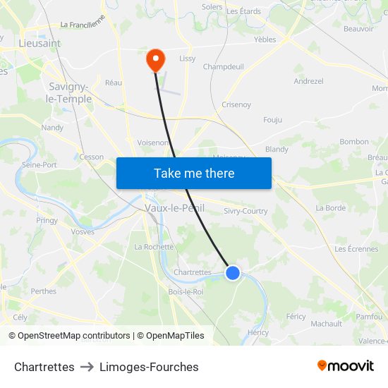 Chartrettes to Limoges-Fourches map