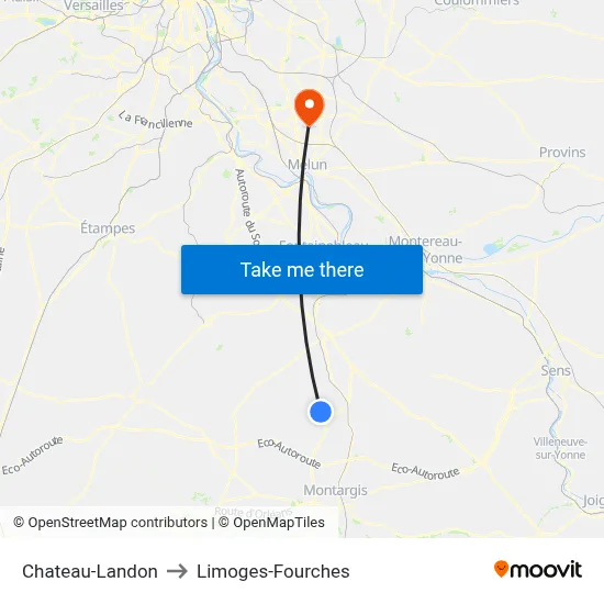 Chateau-Landon to Limoges-Fourches map