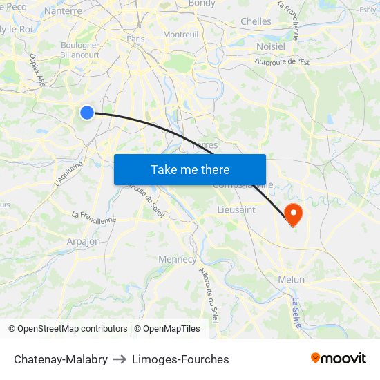 Chatenay-Malabry to Limoges-Fourches map