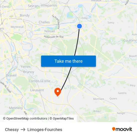 Chessy to Limoges-Fourches map