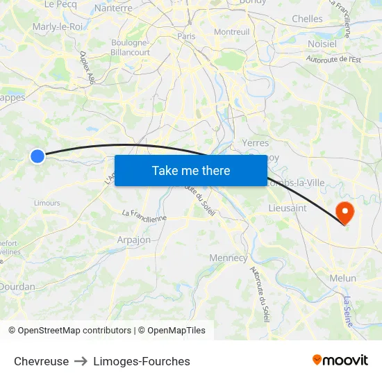 Chevreuse to Limoges-Fourches map