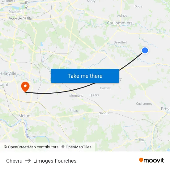 Chevru to Limoges-Fourches map