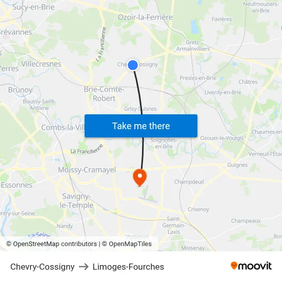 Chevry-Cossigny to Limoges-Fourches map