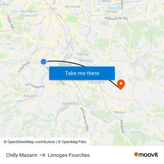 Chilly-Mazarin to Limoges-Fourches map