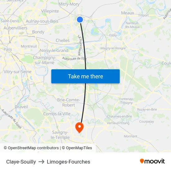 Claye-Souilly to Limoges-Fourches map