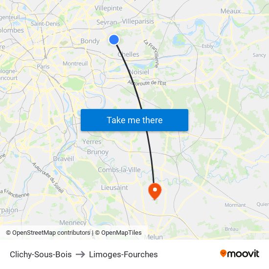 Clichy-Sous-Bois to Limoges-Fourches map