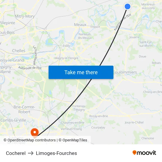 Cocherel to Limoges-Fourches map