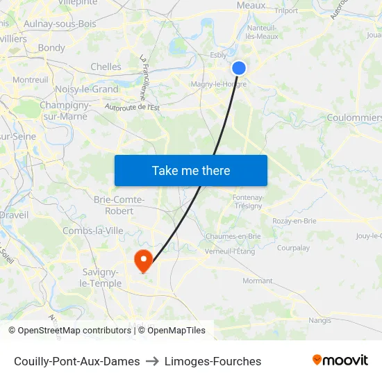 Couilly-Pont-Aux-Dames to Limoges-Fourches map