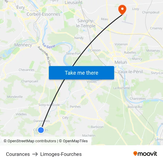 Courances to Limoges-Fourches map