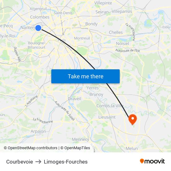 Courbevoie to Limoges-Fourches map