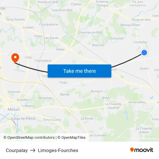 Courpalay to Limoges-Fourches map