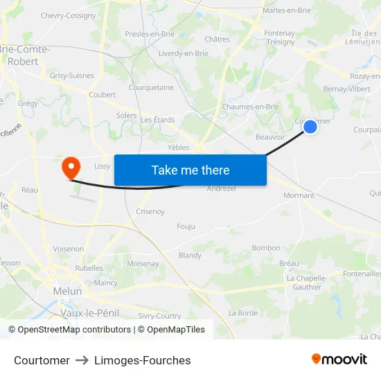 Courtomer to Limoges-Fourches map